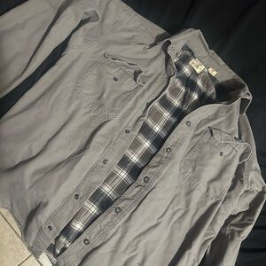 Gray Button-Up Shirt with Plaid Lining